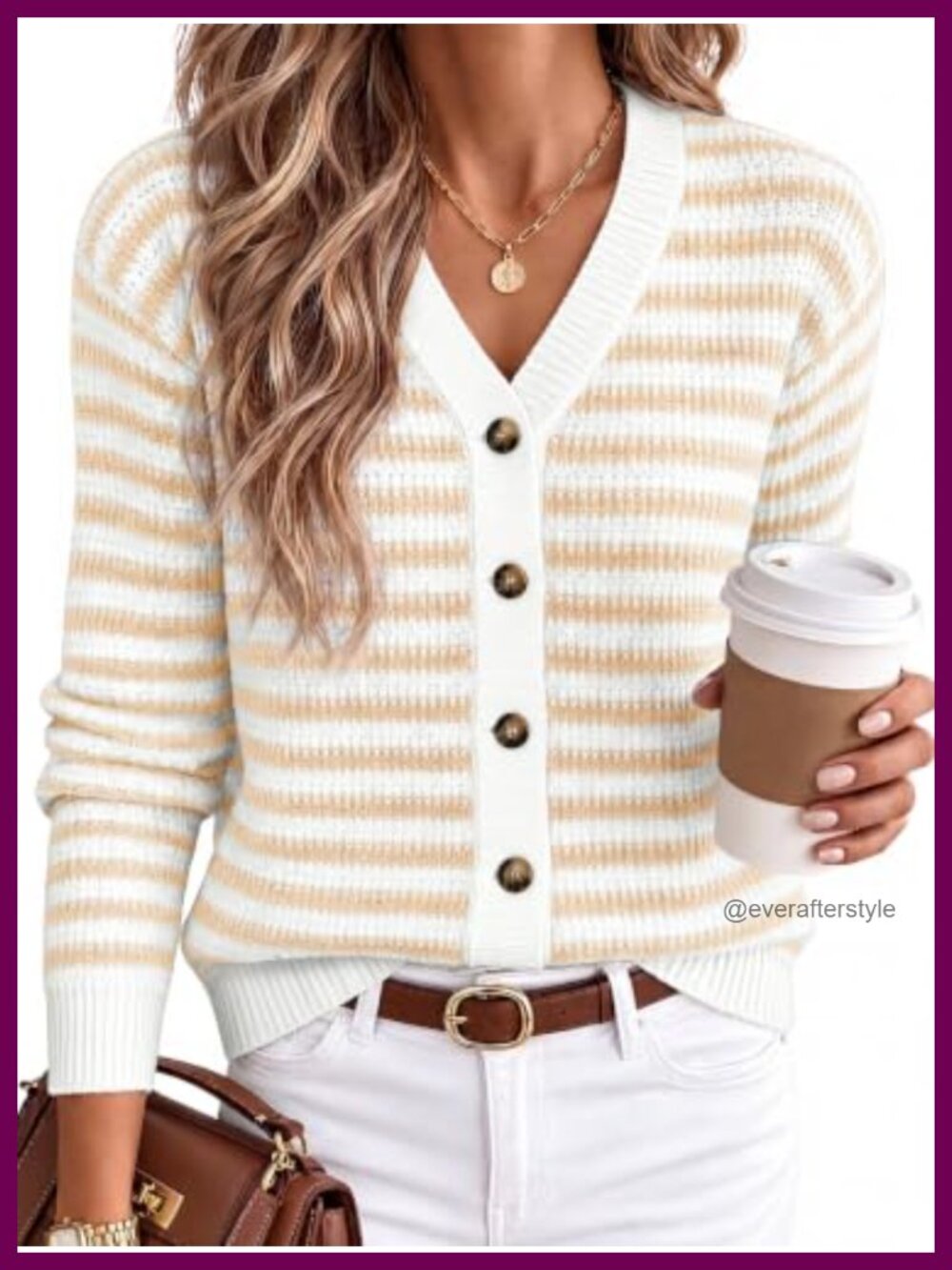 Womens Striped Cardigan V Neck Long Sleeve Button Cotton Blend Sweater